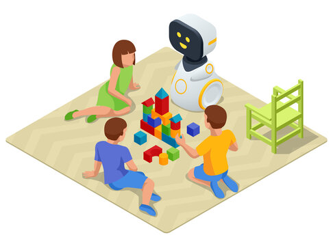 Isometric Robot Baby Sitter Playing Cubes With Children. Robot Nanny And Kids Playing Educational Toys At Kindergarten Or Nursery Room