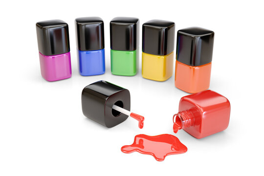 Nail polishes with the colors of the LGBT flag isolated on white background. 3d illustration.