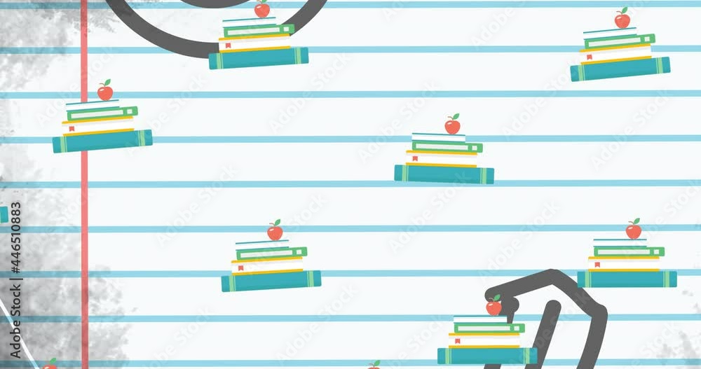 Poster animation of stacks of books and apples floating over ruled paper