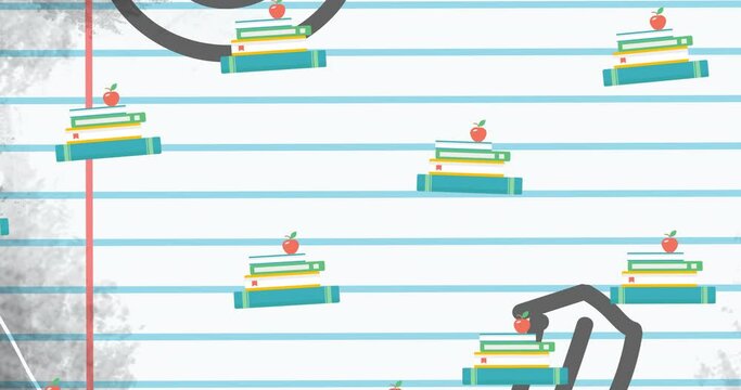 Animation of stacks of books and apples floating over ruled paper
