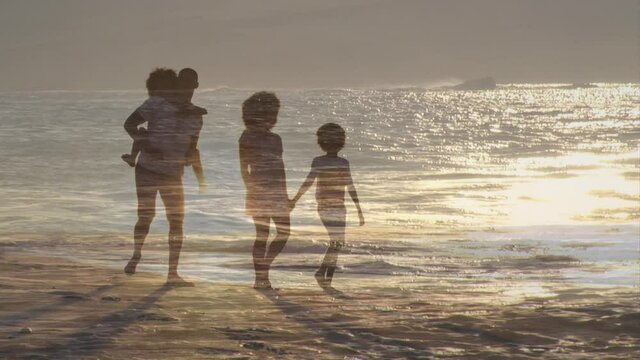 Animation Of African American Family Walking At Beach Over Sun On Sea