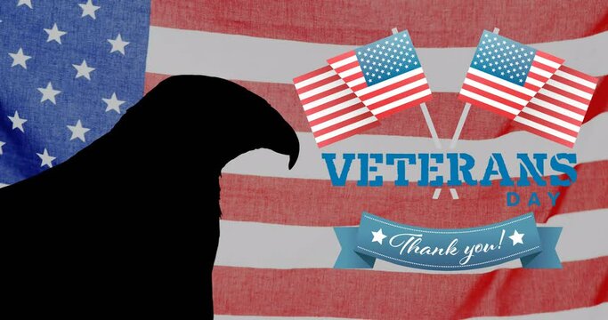 Composition of veterans day thank you text, with eagle silhouette and two flags over american flag