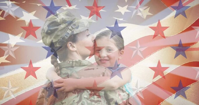 Composition of red and blue stars and stripes over mother soldier holding daughter and american flag