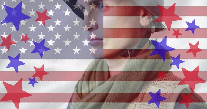 Composition of red and blue stars, over thoughtful male soldier and american flag