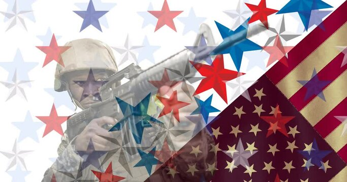 Composition of red and blue stars, over male soldier holdin guns and american flag