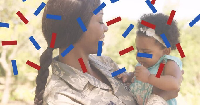 Composition of red and blue confetti, over smiling mother soldier holding daughter