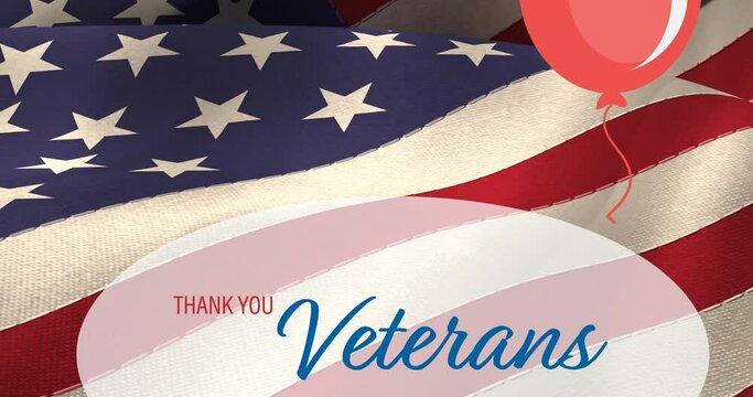 Composition of thank you veterans text, with red balloons over american flag