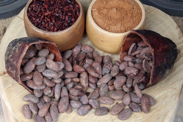 Raw cocoa beans and powder for chocolate