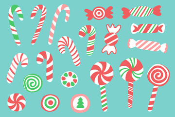 Set of sweets on Christmas: candy canes, lollipops , candies. Vector hand drawn elements isolated on blue background.