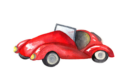 watercolor hand draw red retro cabriolet car 