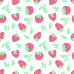 Strawberry seamless fruit pattern on white backgrownd. Vector flat illustration. Summer fruit concept. design for textile, wallpaper, wrapping, backdrop