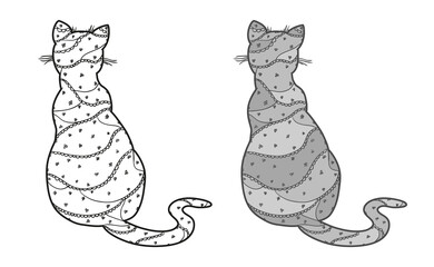 Cat. Hand drawn animal with abstract patterns on isolated background. Design for spiritual relaxation for adults. Freehand art. Different color options