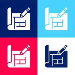 Blueprint blue and red four color minimal icon set