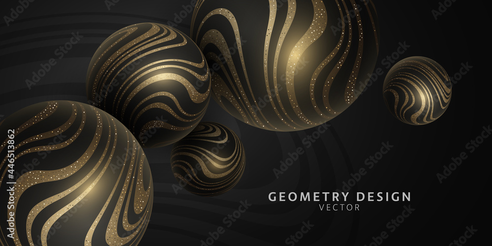 Poster vector 3d spheres with gold glittering wavy striped pattern. geometry design. elegant abstract bubbl
