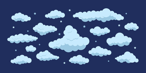 Fototapeta na wymiar Night clouds with stars icon set isolated on dark sky background. Cartoon cute fluffy clouds collection for heaven 2d scene and backgrounds. Flat design cumulus clip art vector illustration.