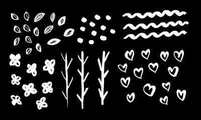 Set of vector objects: hearts, leaves, flowers, trees, waves, spots. White on a black background. Hand drawing. Ink brush. Brush strokes