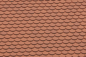 Red tiles background details, Old orange roof brick under the sun, Shingles texture, Abstract geometric pattern, Roof top material.