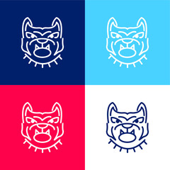 Angry Bulldog Face Outline blue and red four color minimal icon set