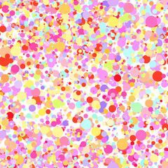 Abstract hand drown polka dots background. White dotted seamless pattern with rainbow circles. Template design for for Birthday, party holiday, banner, textile, fabric. Summer confetti illustration