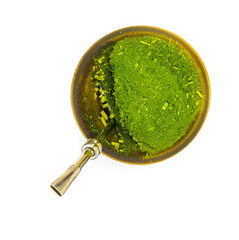 Traditional chimarrão, yerba mate ( Ilex paraguariensis ) isolated on white background top view