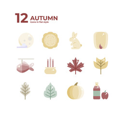 12 Autumn Icon Set In Flat Style