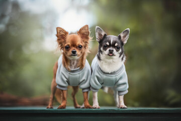A couple of cute Chihuahuas in blue pullovers standing on a green wooden table against the backdrop...