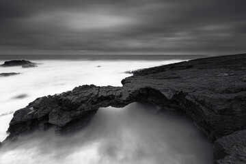 Long exposure of a rocky seascape on a stormy early evening, Black and White Photo, Lisboa, Portugal