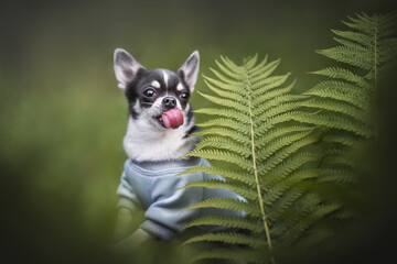 A funny female Chihuahua in a blue pullover sitting under a green fern bush with her tongue hanging out
