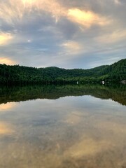 mountains mirrored on lake