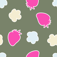 Silhouette red strawberries and flowers seamless pattern. Perfect for T-shirt, textile and prints. Hand drawn illustration for decor and design.
