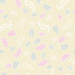 Pastel colored vector seamless pattern of berries and leaves. Perfect for T-shirt, textile and prints. Hand drawn illustration for decor and design.

