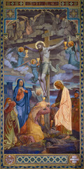 Fresco of the Crucifixion of Jesus Christ in the Votivkirche – Votive Church, Vienna, Austria....