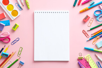 School stationery and blank paper notebook on pink background. School and office supplies. Back to school concept. Flat lay, top view, copy space.