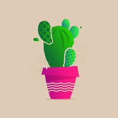 Green cactus. Home plant. Flower. Succulent. Pot. Postcard or print. Cute illustration. Cartoon and casual style.