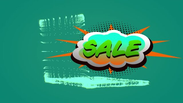 Sale text over retro speech bubble against 3d laptop model spinning on green background