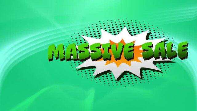 Massive sale text over retro speech bubble against digital waves on green background