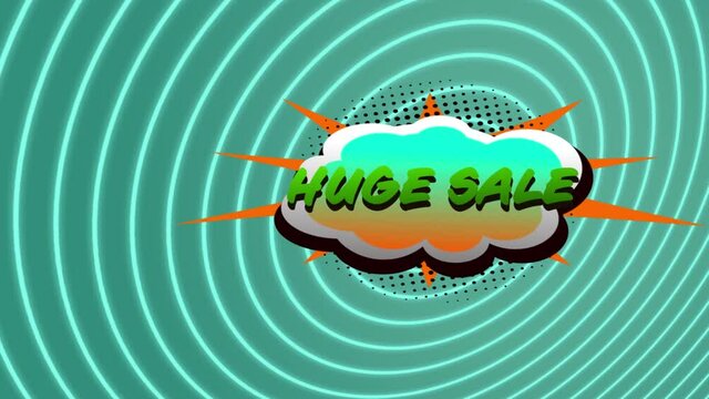 Huge sale text over retro speech bubble against spiral light trails on green background
