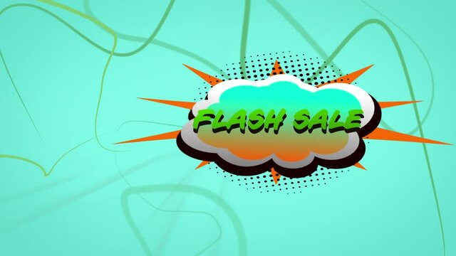 Flash sale text over retro speech bubble against wavy green lines on blue background
