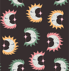 Seamless vector pattern with moons. Boho and retro style. Dark background. 