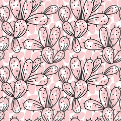 Seamless abstract vector pattern, cacti sprinkled in a linear style, pink spots on a white background, for various designs, textiles, packaging, fabric, stationery, wallpaper.