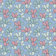 Fototapeta premium Seamless abstract vector pattern drawn cacti, painted in pastel shades of pink, blue on a bright background of azure color, for various designs, textiles, packaging, fabric, stationery, wallpaper.