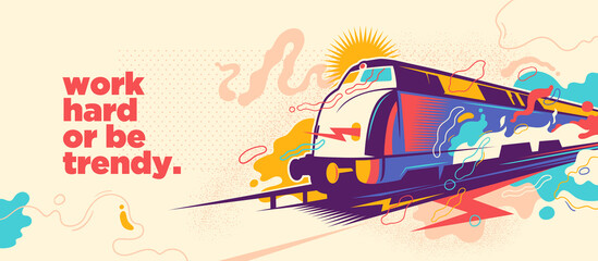 Abstract graffiti style banner design with retro train and slogan. Vector illustration. - obrazy, fototapety, plakaty