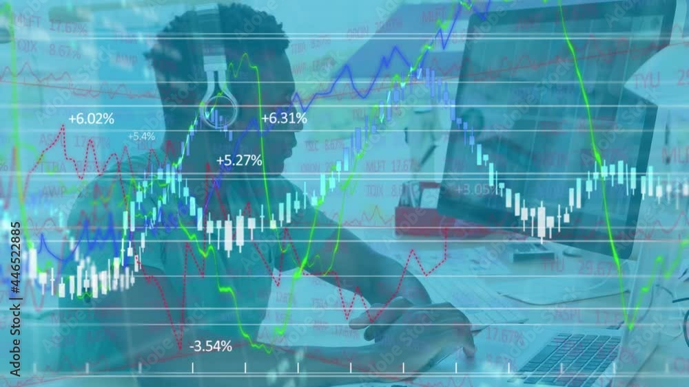 Poster animation of financial data processing over businessman using computer in office