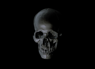 Human skull full face a Black Isolated Background. The concept art of death, horror. Design for print, poster. A symbol of spooky Halloween, Virus, immortal, pirat. 3d rendering illustration.