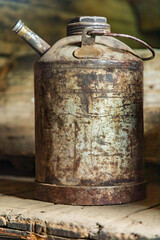 Vintage oil can in an old barn.