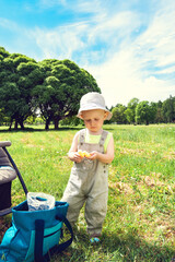 A small child on a sunny day at a picnic pulls out snacks from the bag. Park, summer. Selective focus. Food.