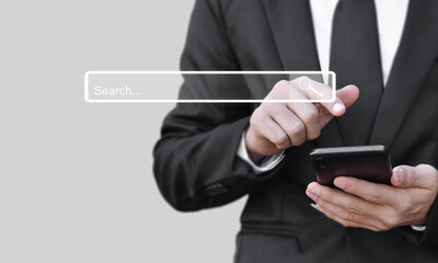 Businessman use smartphone for search page browsing. Concept of searching information data on internet networking.
