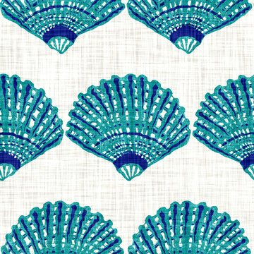 Aegean teal shell linen nautical texture background. Summer coastal living style home decor. Under the sea life  seashell material. Worn turquoise blue dyed textile seamless pattern.
