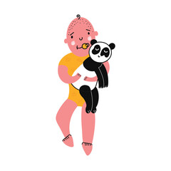 A baby with a pacifier hugs a toy Little boy with his beloved panda in his hands. Cute childish character in doodle style.