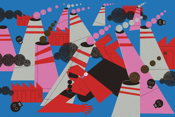 Industrial carbon massive emissions and pollution from fossil fuels is generating global warming crisis and harming humanity. Concept illustration about climate crisis. © Antonio Rodriguez